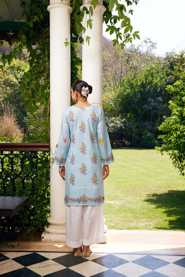 Gulzaar Short Aqua Blue Checked Kurta Set of 3