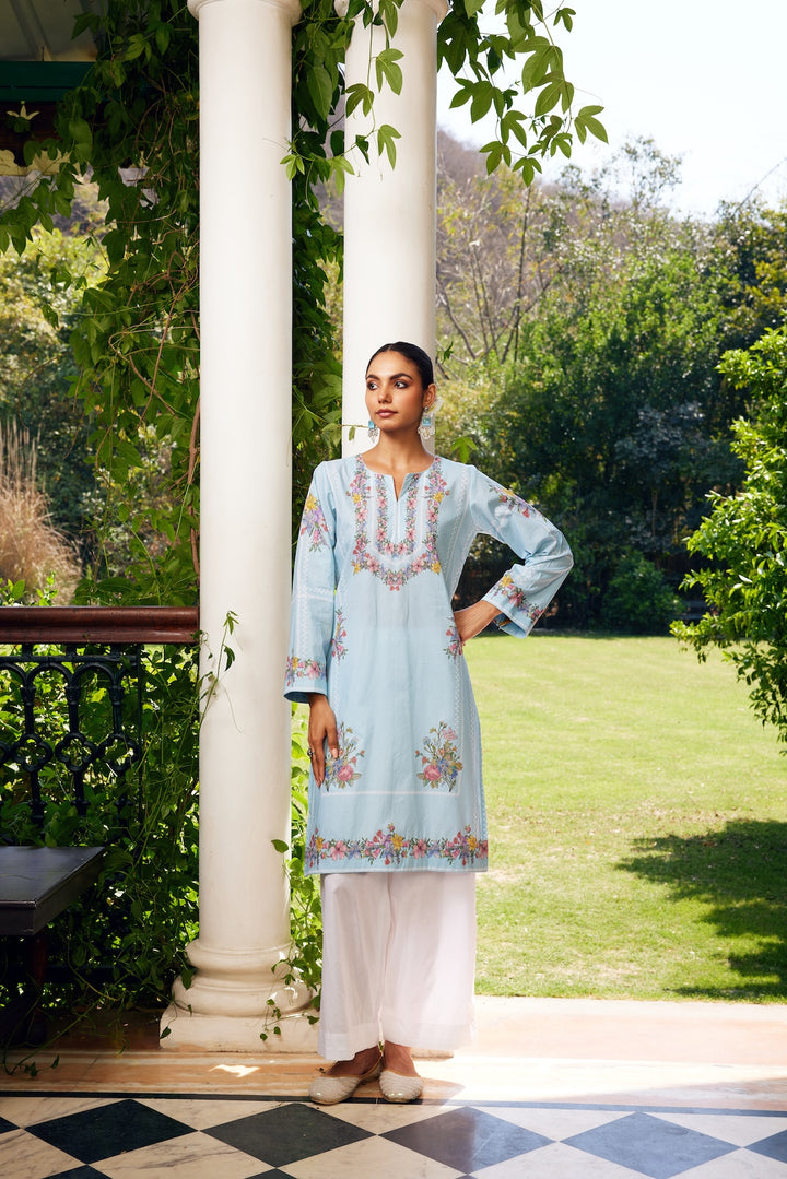 Gulzaar Short Aqua Blue Checked Kurta Set of 3