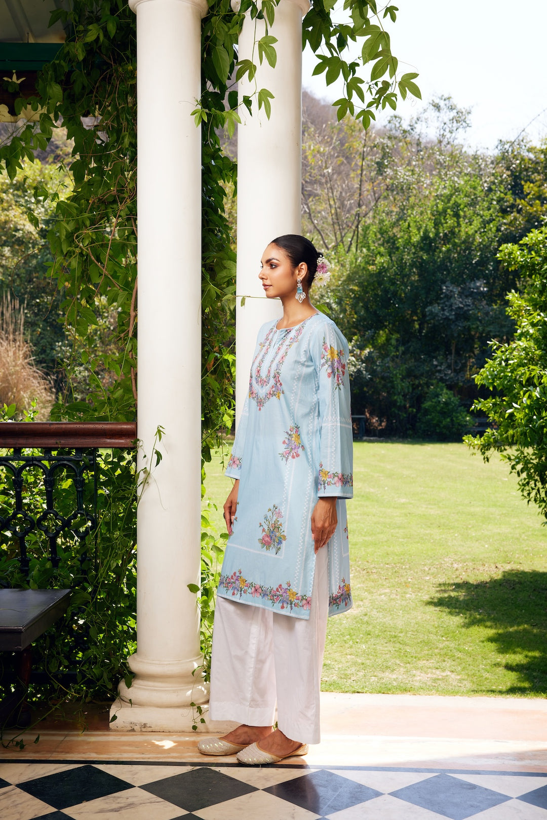 Gulzaar Short Aqua Blue Checked Kurta Set of 3