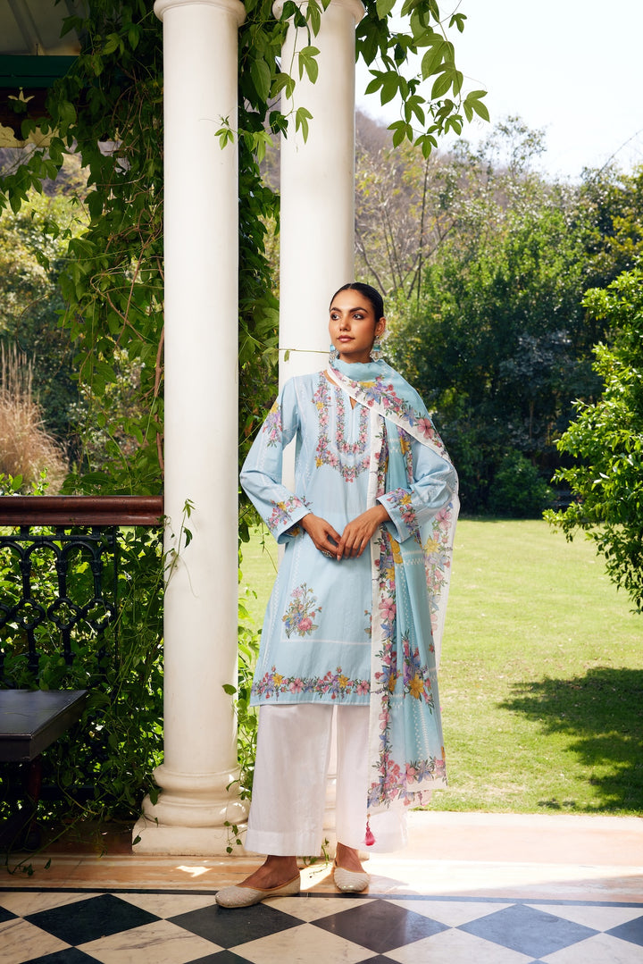 Gulzaar Short Aqua Blue Checked Kurta Set of 3