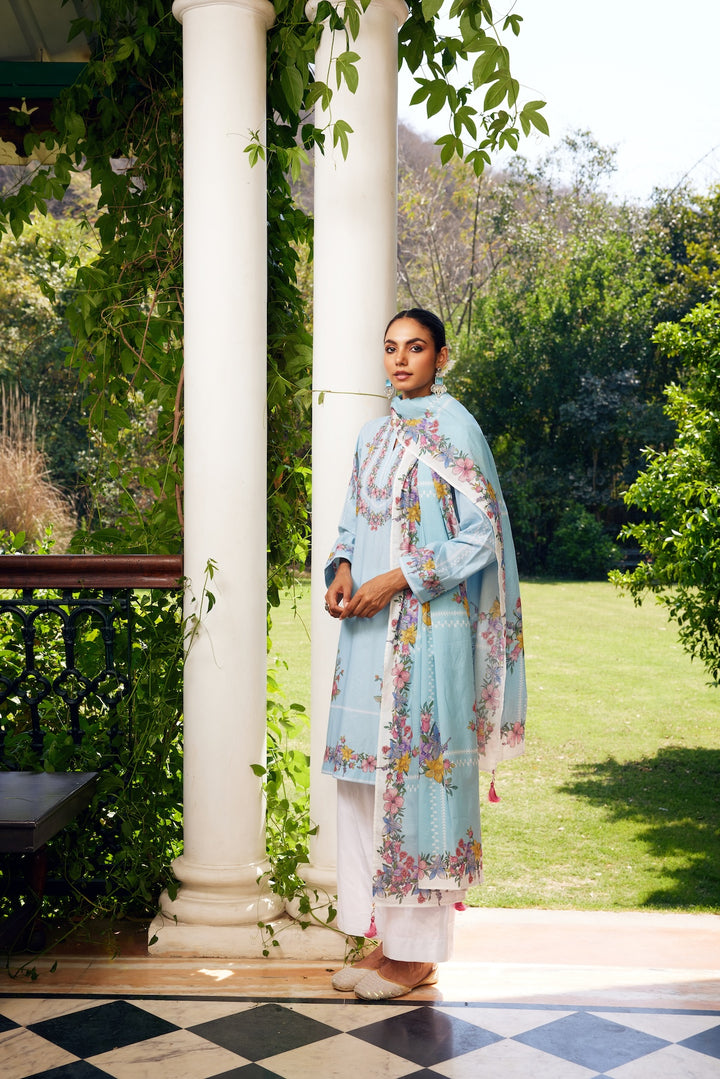 Gulzaar Short Aqua Blue Checked Kurta Set of 3