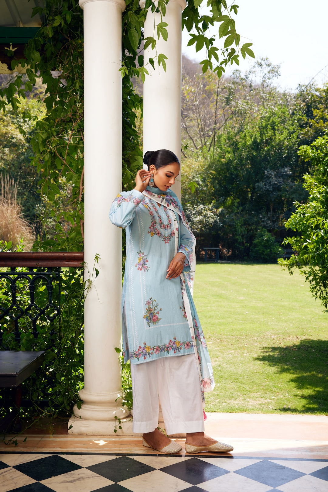 Gulzaar Short Aqua Blue Checked Kurta Set of 3