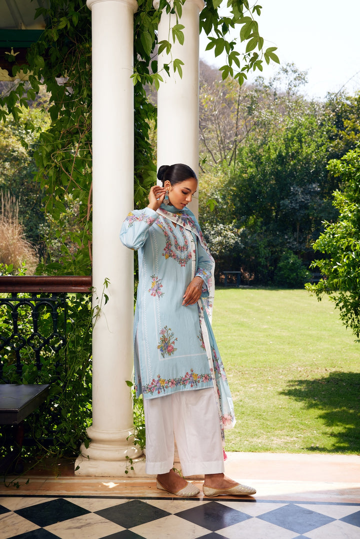 Gulzaar Short Aqua Blue Checked Kurta Set of 3
