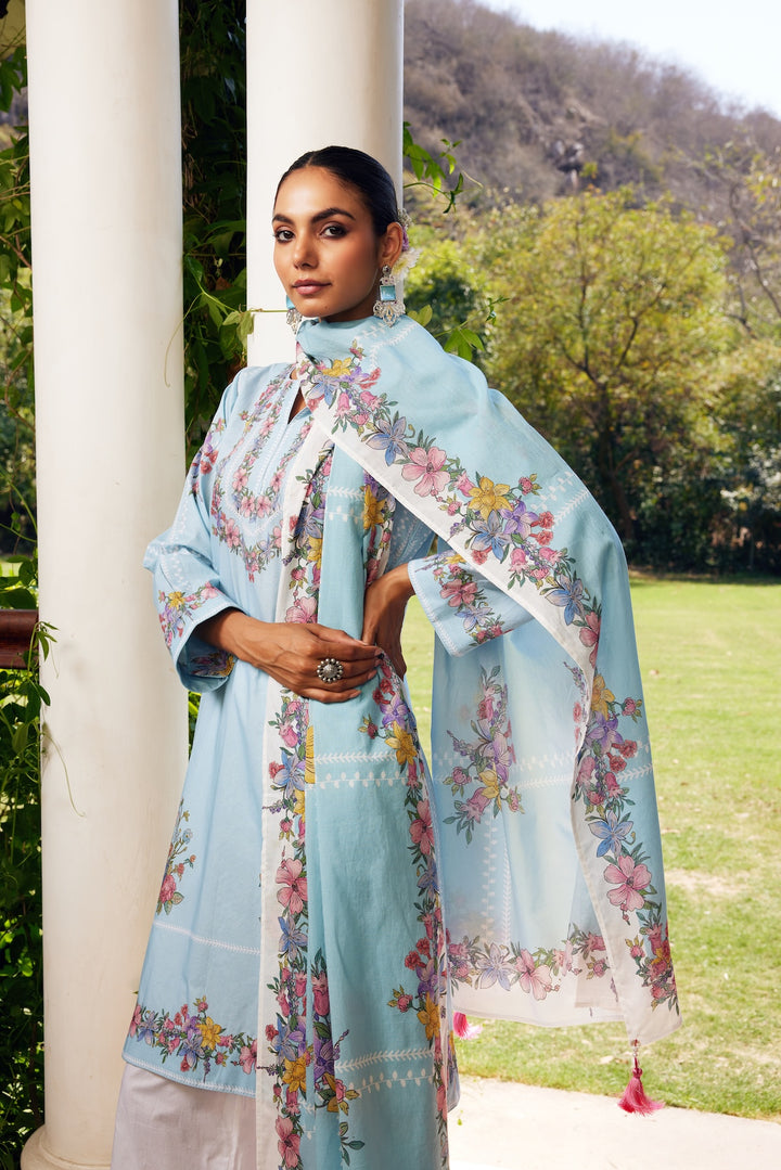 Gulzaar Short Aqua Blue Checked Kurta Set of 3