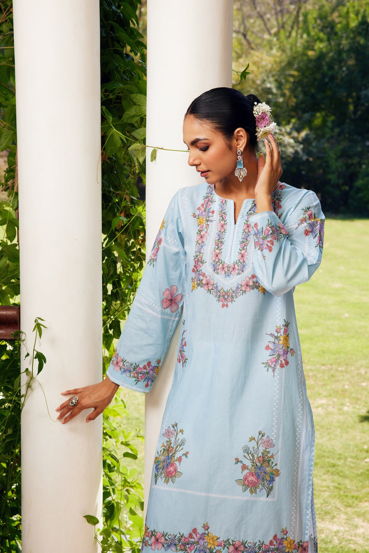 Gulzaar Short Aqua Blue Checked Kurta Set of 3