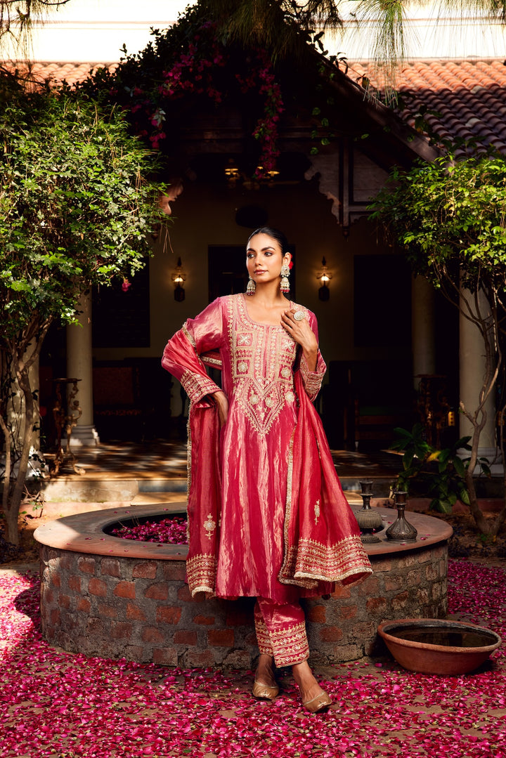 Pink Tissue Anarkali Inayat Kurta Set of 3