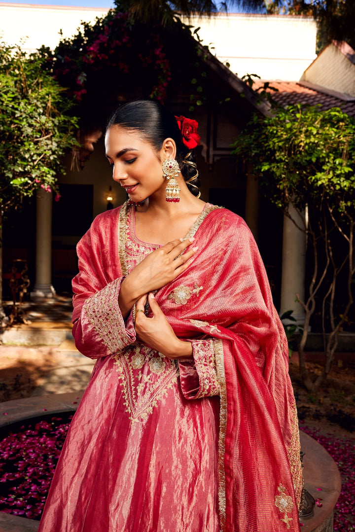 Pink Tissue Anarkali Inayat Kurta Set of 3