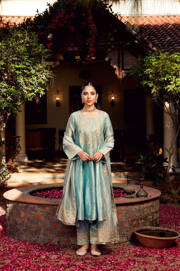 Aqua Blue Tissue Anarkali Inayat Kurta Set of 3