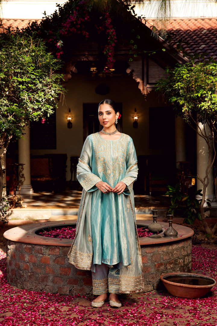 Aqua Blue Tissue Anarkali Inayat Kurta Set of 3