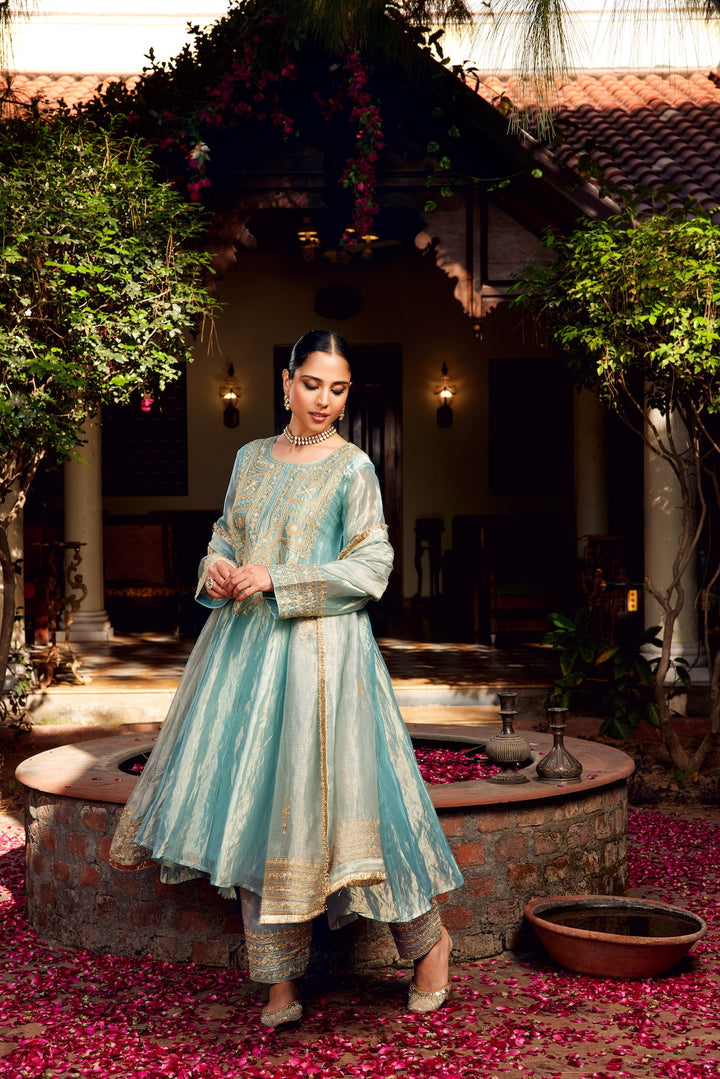 Aqua Blue Tissue Anarkali Inayat Kurta Set of 3