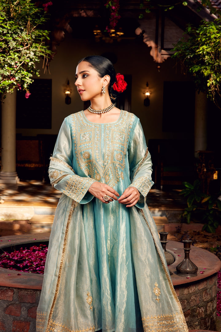 Aqua Blue Tissue Anarkali Inayat Kurta Set of 3