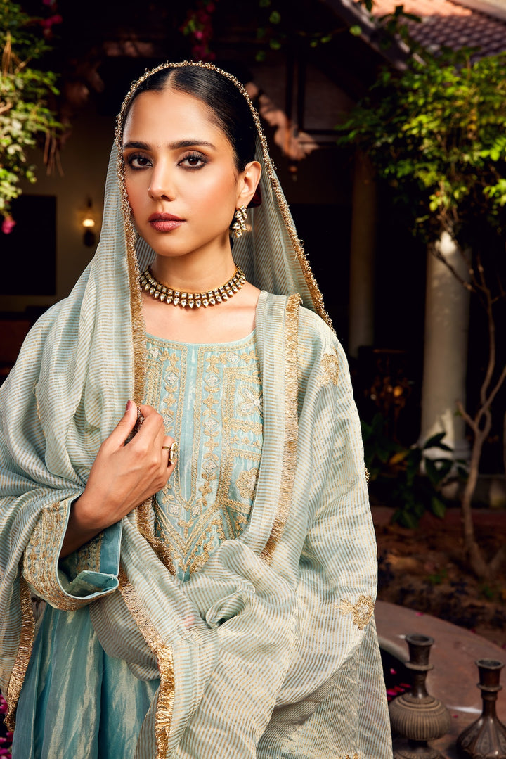 Aqua Blue Tissue Anarkali Inayat Kurta Set of 3