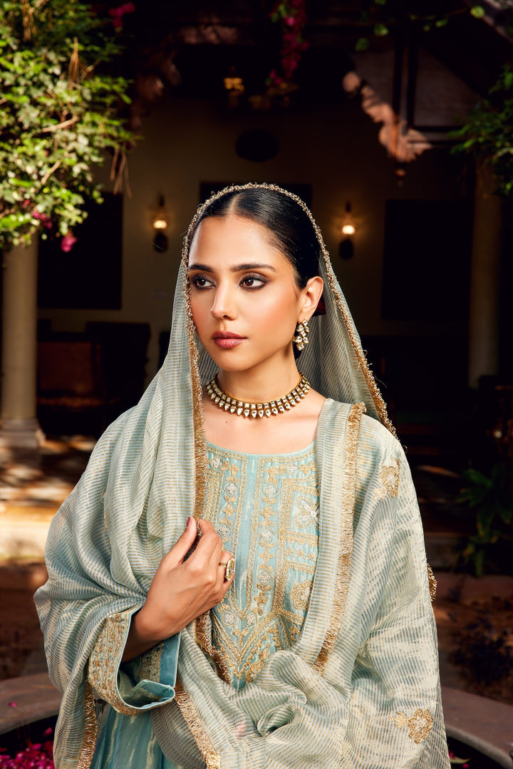 Aqua Blue Tissue Anarkali Inayat Kurta Set of 3