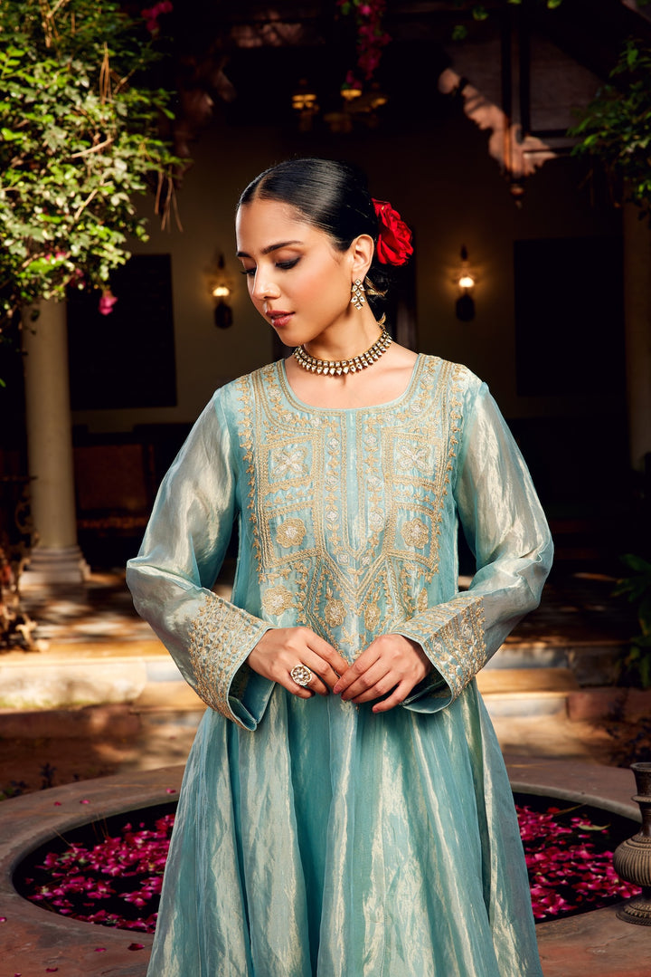 Aqua Blue Tissue Anarkali Inayat Kurta Set of 3