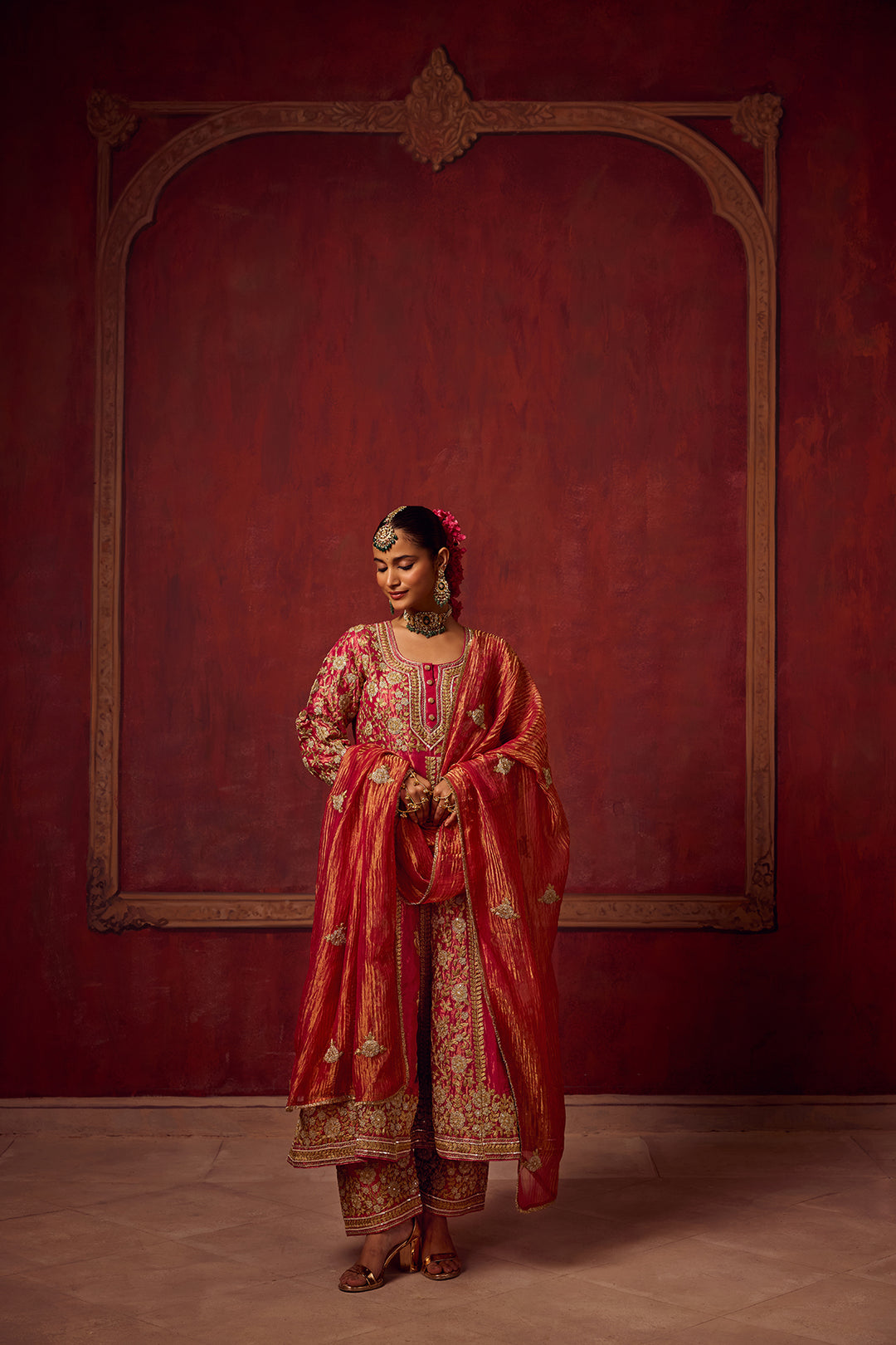 Hot Pink Tissue Anarkali Kurta Set of 3