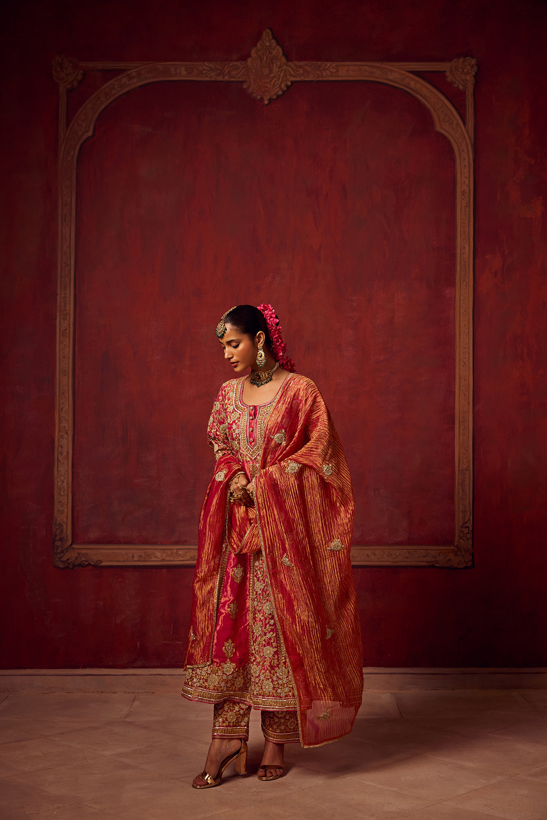 Hot Pink Tissue Anarkali Kurta Set of 3