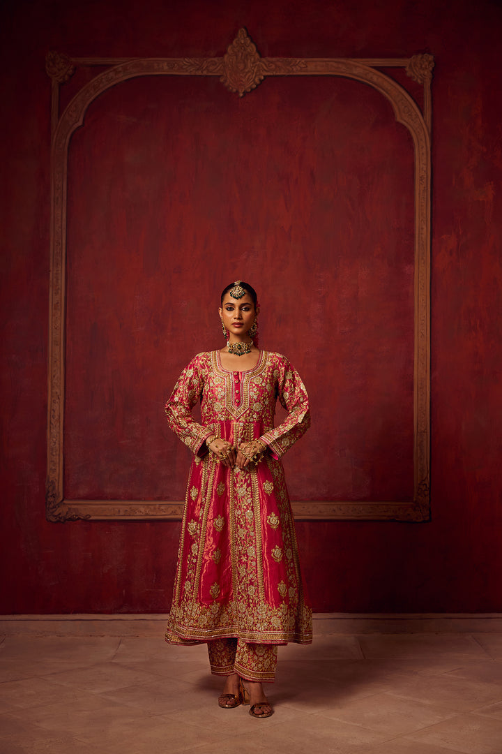 Hot Pink Tissue Anarkali Kurta Set of 3