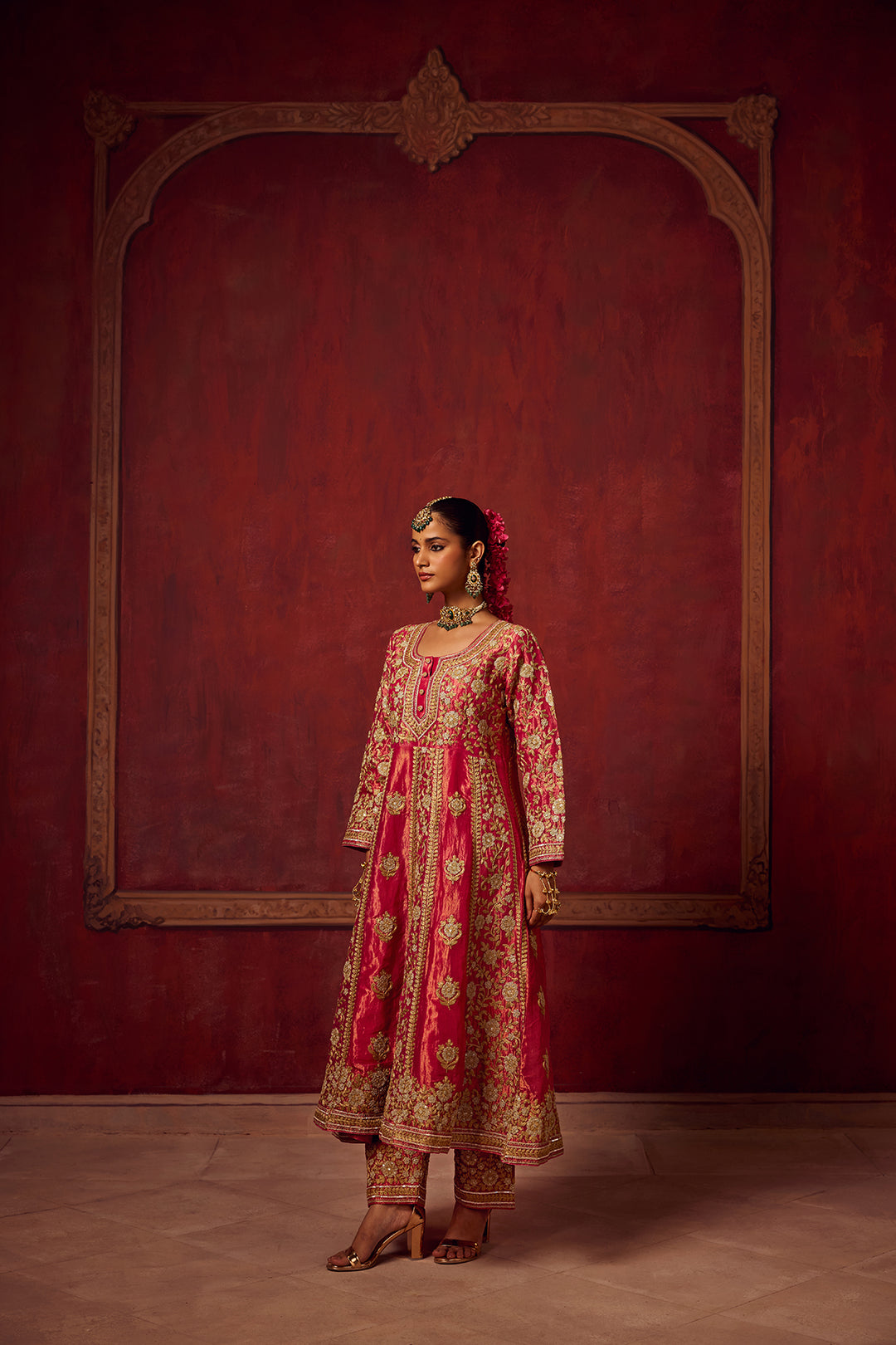 Hot Pink Tissue Anarkali Kurta Set of 3