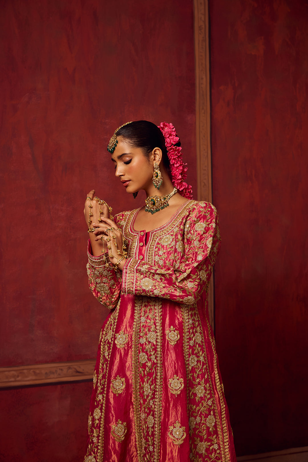 Hot Pink Tissue Anarkali Kurta Set of 3