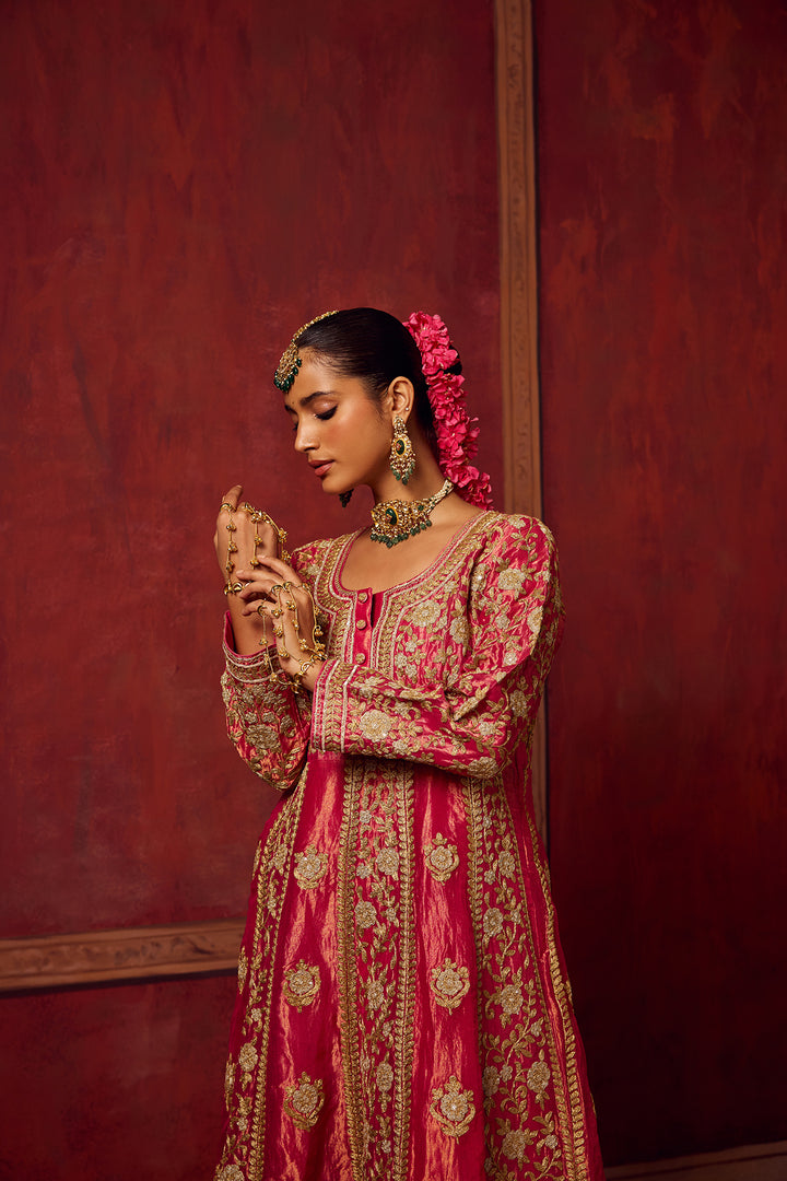 Hot Pink Tissue Anarkali Kurta Set of 3