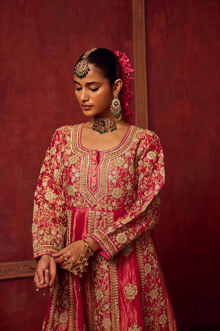 Hot Pink Tissue Anarkali Kurta Set of 3