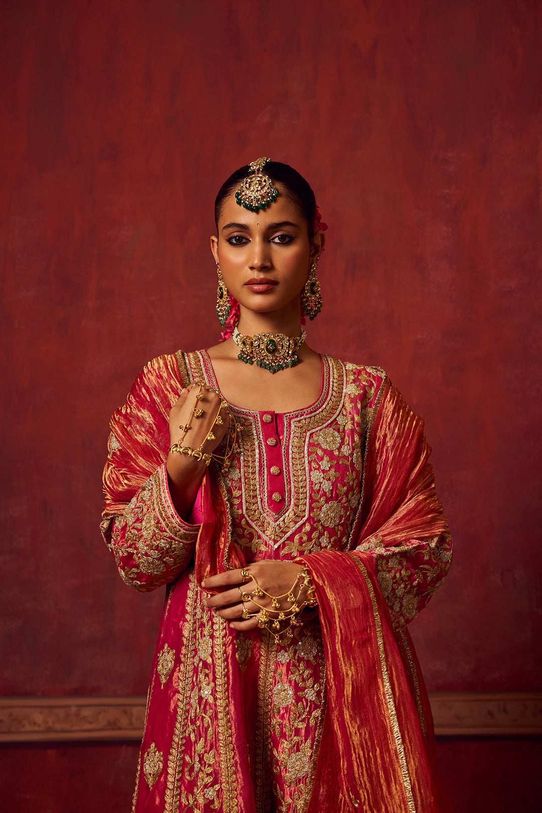 Hot Pink Tissue Anarkali Kurta Set of 3