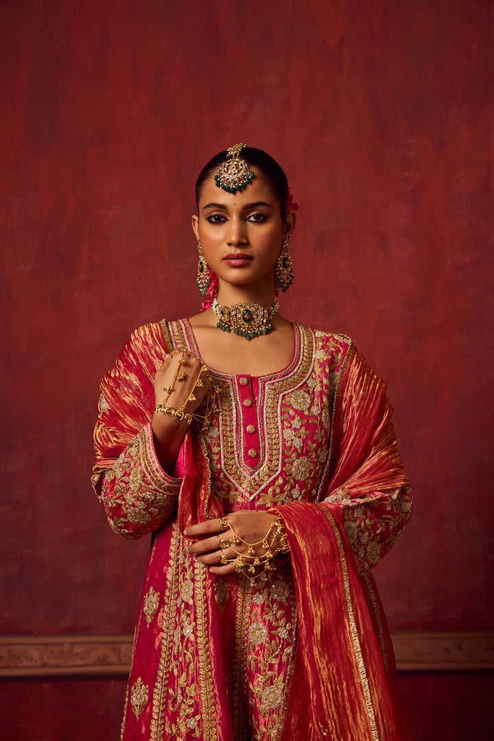 Hot Pink Tissue Anarkali Kurta Set of 3