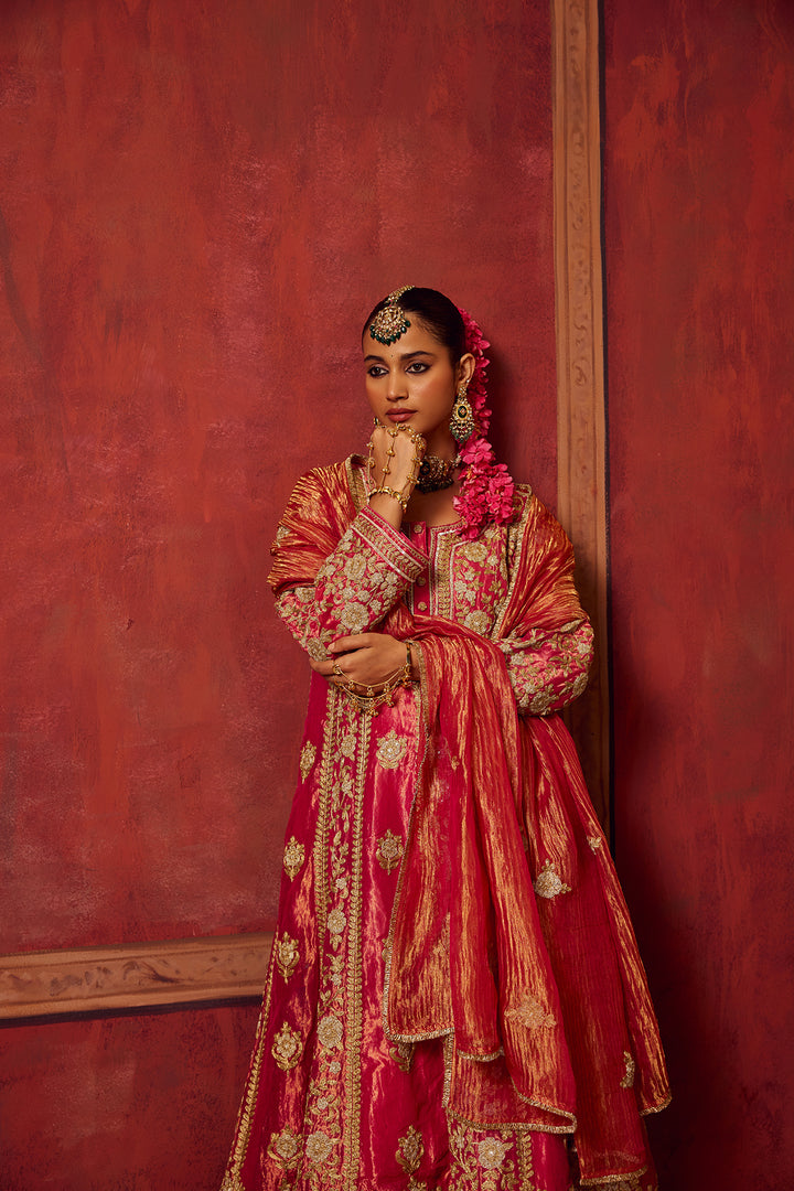 Hot Pink Tissue Anarkali Kurta Set of 3