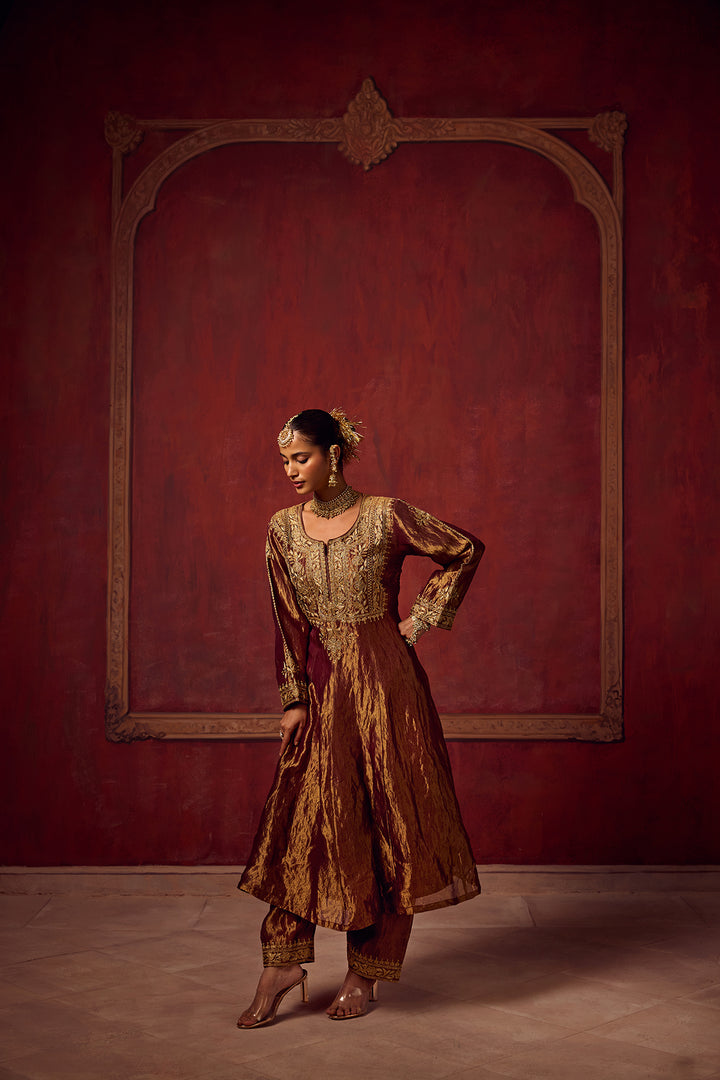 Pitara- Burgundy Tissue Anarkali Kurta Set of 3