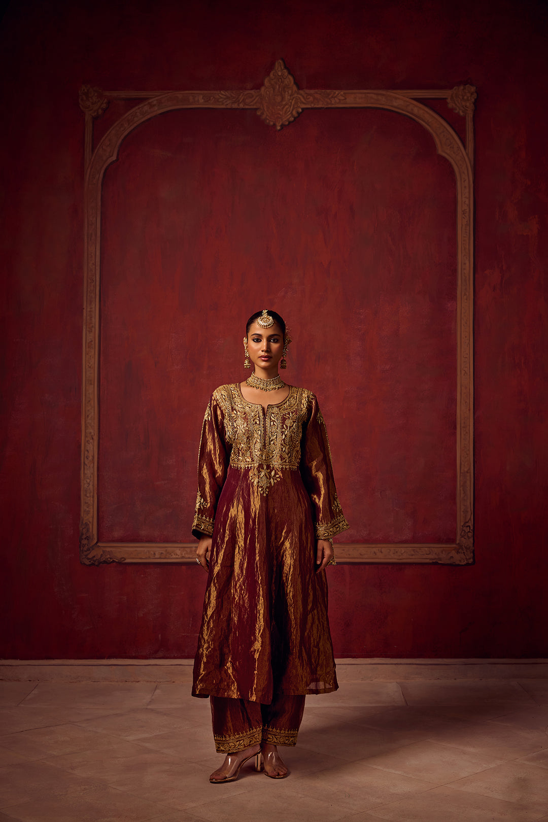 Pitara- Burgundy Tissue Anarkali Kurta Set of 3