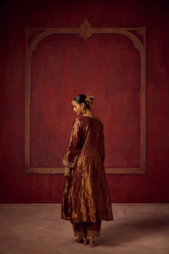 Pitara- Burgundy Tissue Anarkali Kurta Set of 3