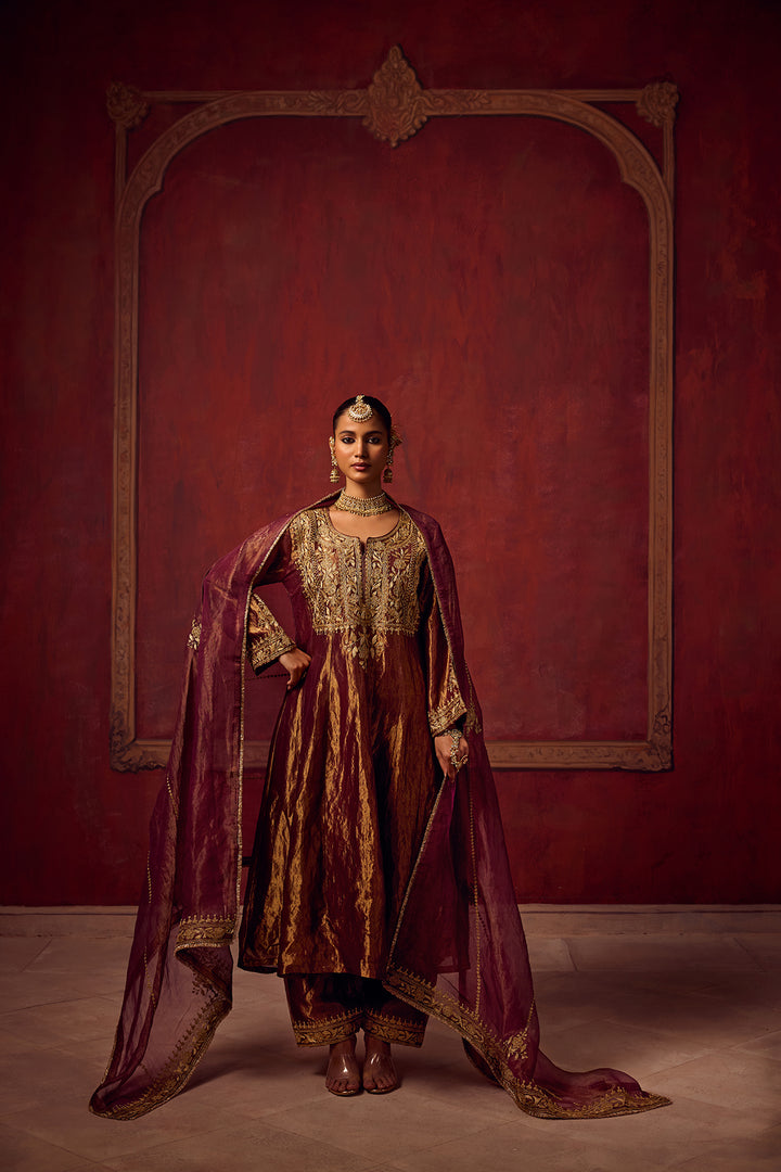 Pitara- Burgundy Tissue Anarkali Kurta Set of 3
