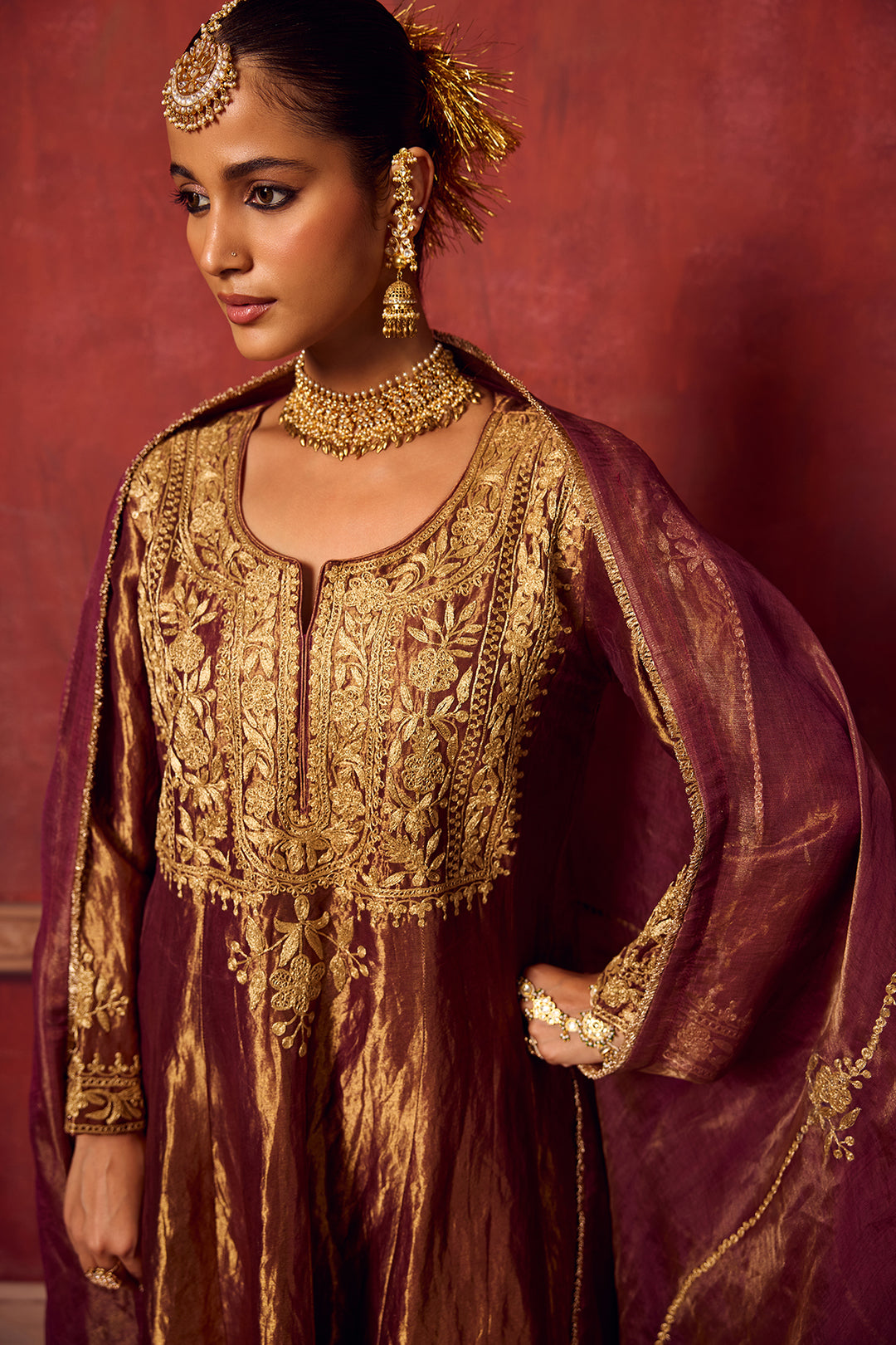 Pitara- Burgundy Tissue Anarkali Kurta Set of 3