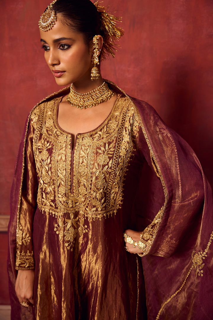 Pitara- Burgundy Tissue Anarkali Kurta Set of 3