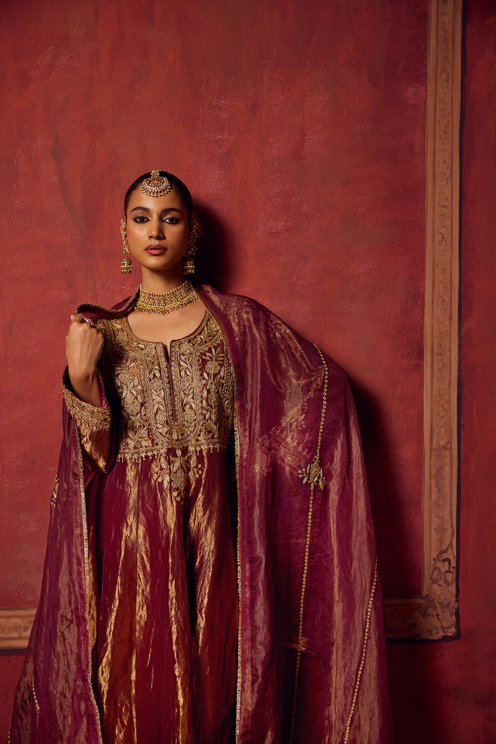 Pitara- Burgundy Tissue Anarkali Kurta Set of 3
