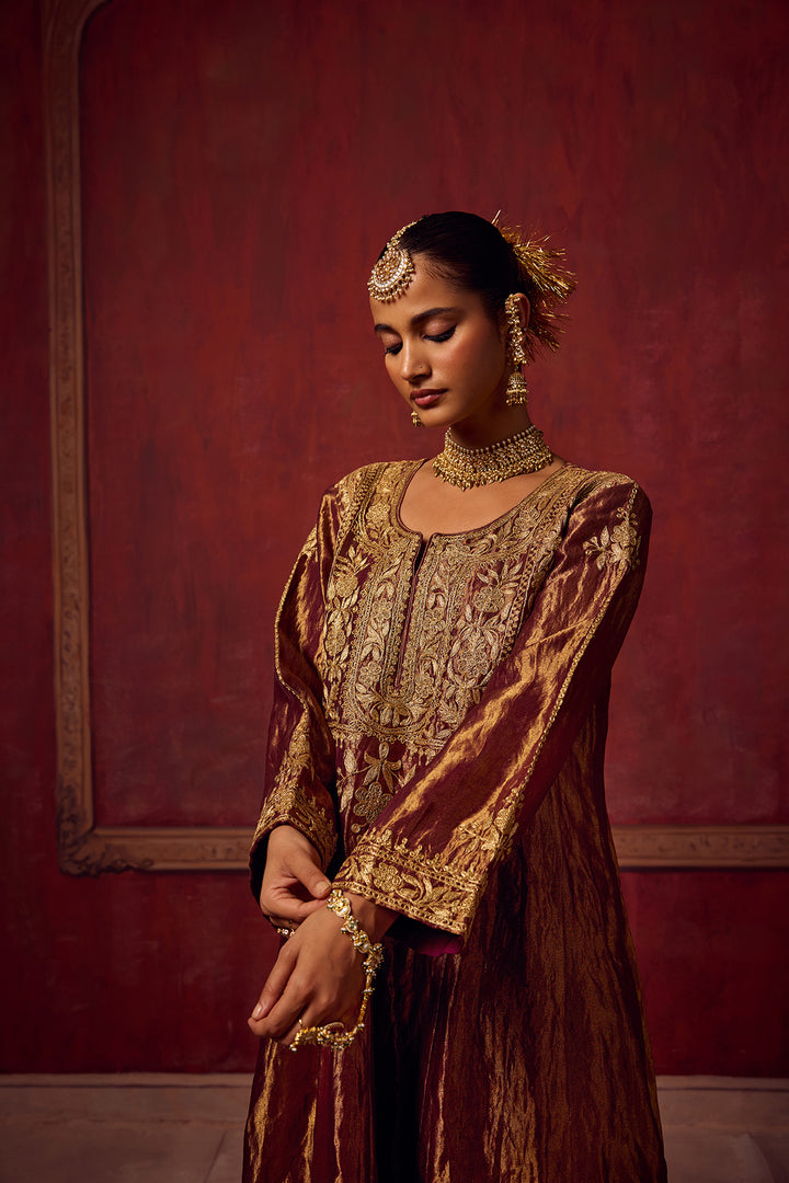 Pitara- Burgundy Tissue Anarkali Kurta Set of 3