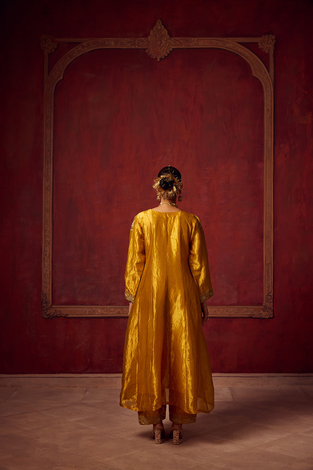 Pitara- Yellow Tissue Anarkali Kurta Set of 3