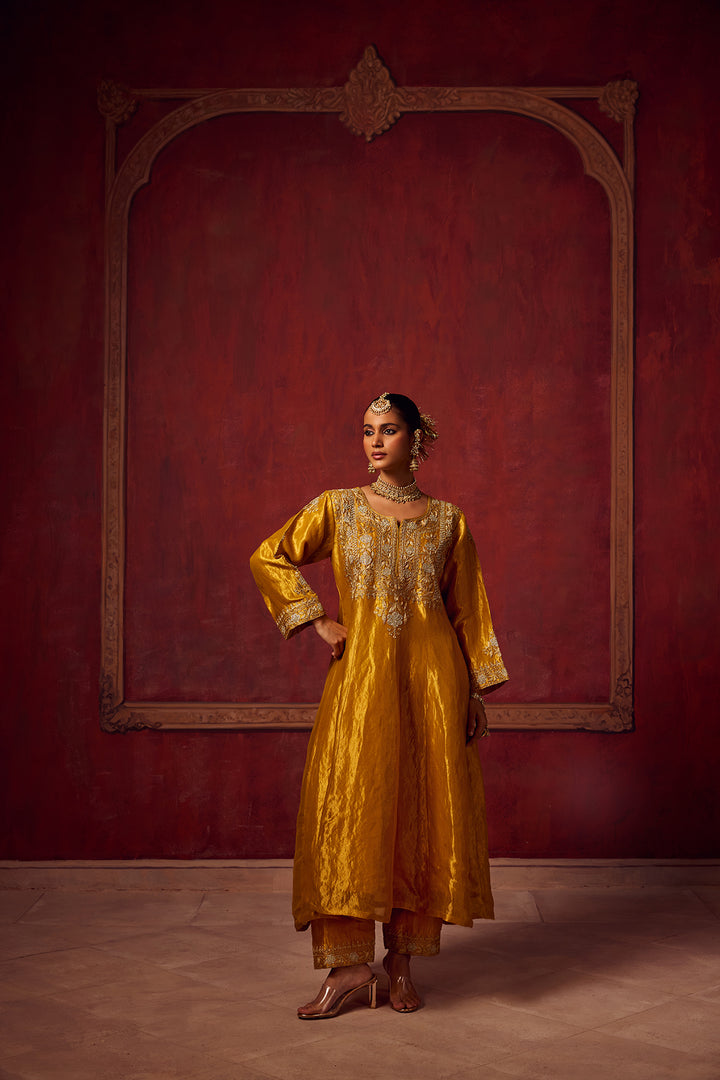 Pitara- Yellow Tissue Anarkali Kurta Set of 3