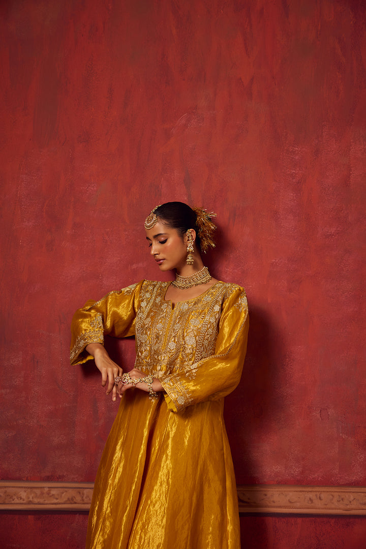 Pitara- Yellow Tissue Anarkali Kurta Set of 3