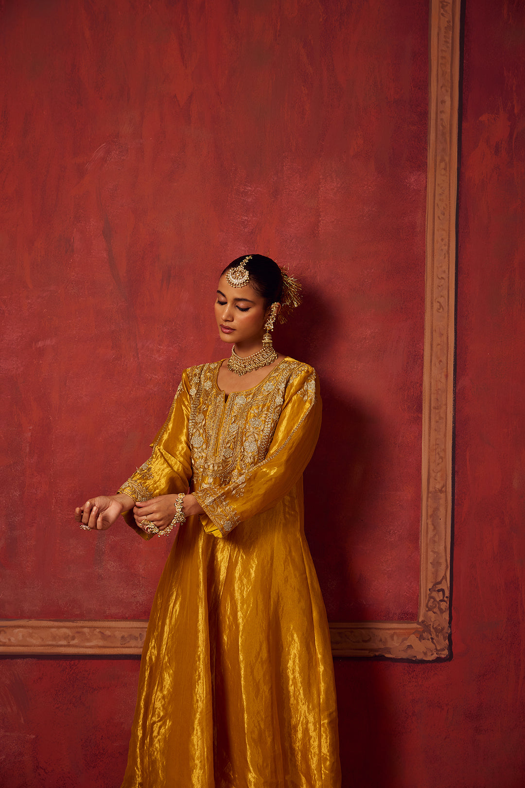 Pitara- Yellow Tissue Anarkali Kurta Set of 3