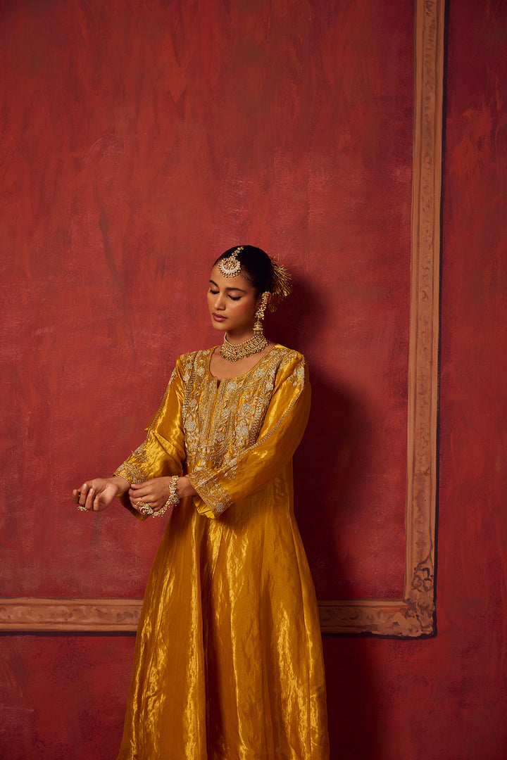 Pitara- Yellow Tissue Anarkali Kurta Set of 3