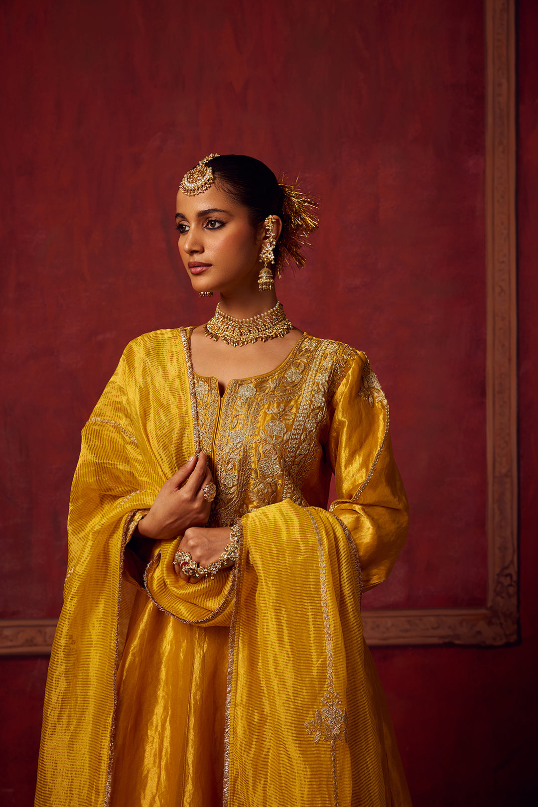 Pitara- Yellow Tissue Anarkali Kurta Set of 3
