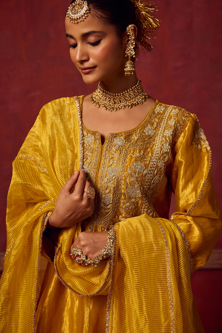 Pitara- Yellow Tissue Anarkali Kurta Set of 3