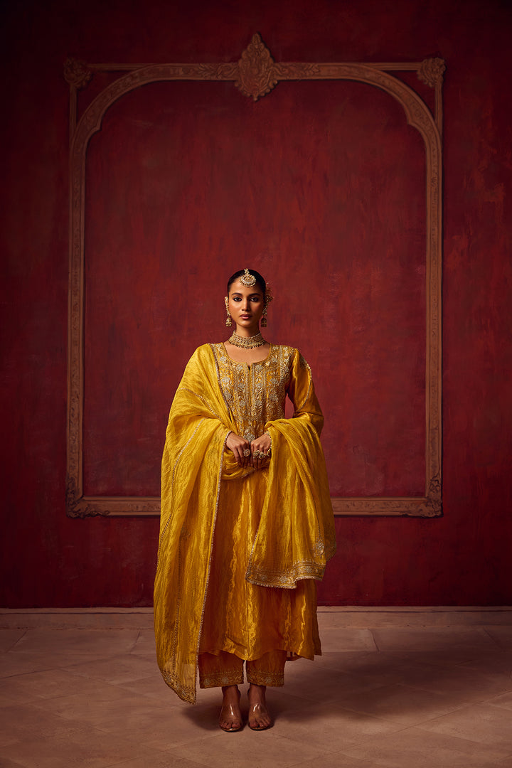 Pitara- Yellow Tissue Anarkali Kurta Set of 3