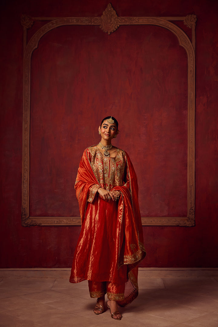 Pitara- Red Tissue Anarkali Kurta Set of 3