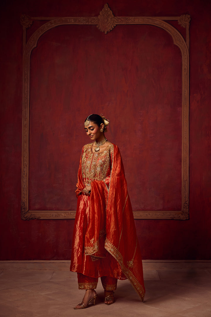 Pitara- Red Tissue Anarkali Kurta Set of 3