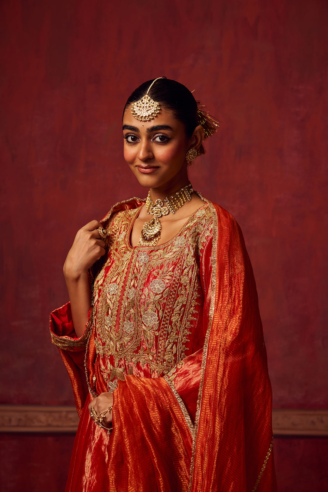 Pitara- Red Tissue Anarkali Kurta Set of 3