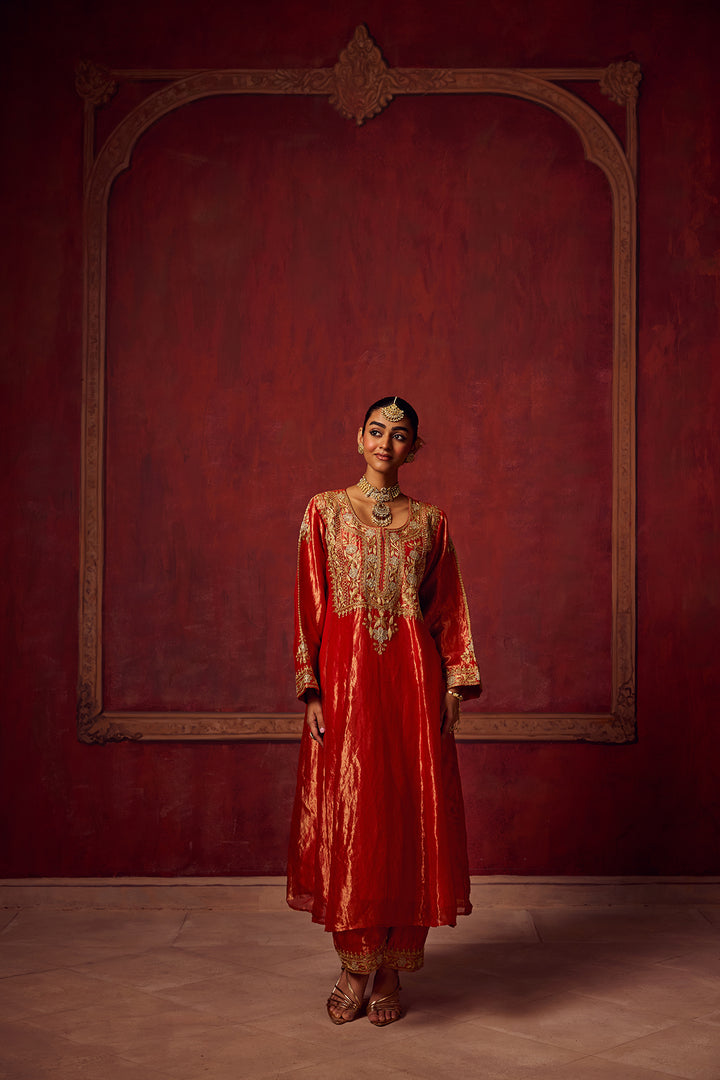 Pitara- Red Tissue Anarkali Kurta Set of 3