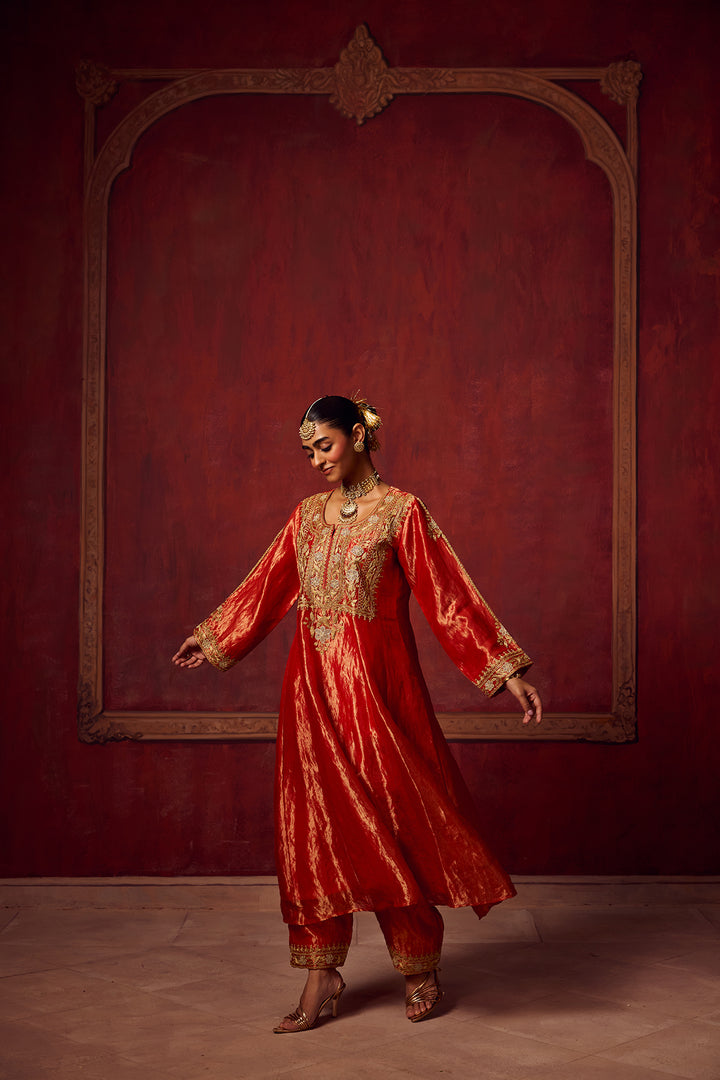 Pitara- Red Tissue Anarkali Kurta Set of 3