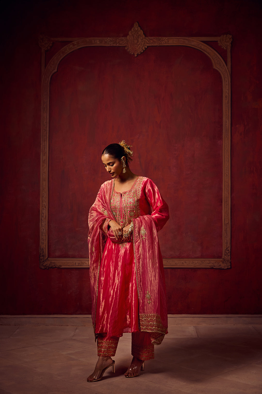 Pink Tissue Anarkali Inayat Kurta Set of 3